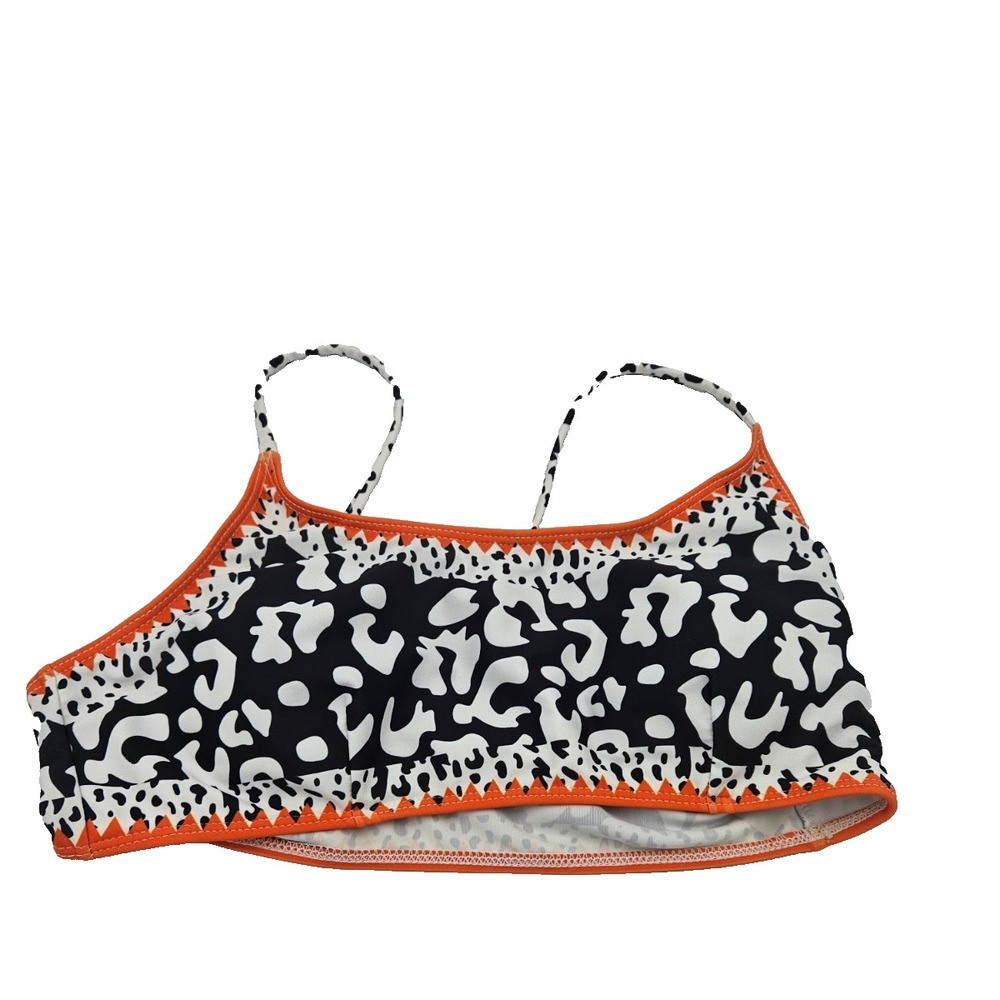 Girls Bikini Swim Top Youth M Black White Animal Print Orange Trim